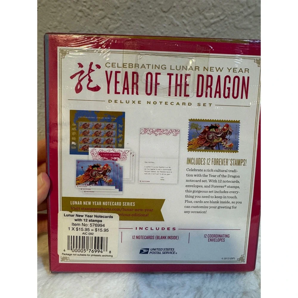 USPS Year of the Dragon Deluxe Notecard Set 12 Forever Stamps Lunar New Year